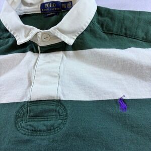 Polo Ralph Lauren Rugby Shirt Mens XXL Custom Fit Green White Stripe Elbow Patch